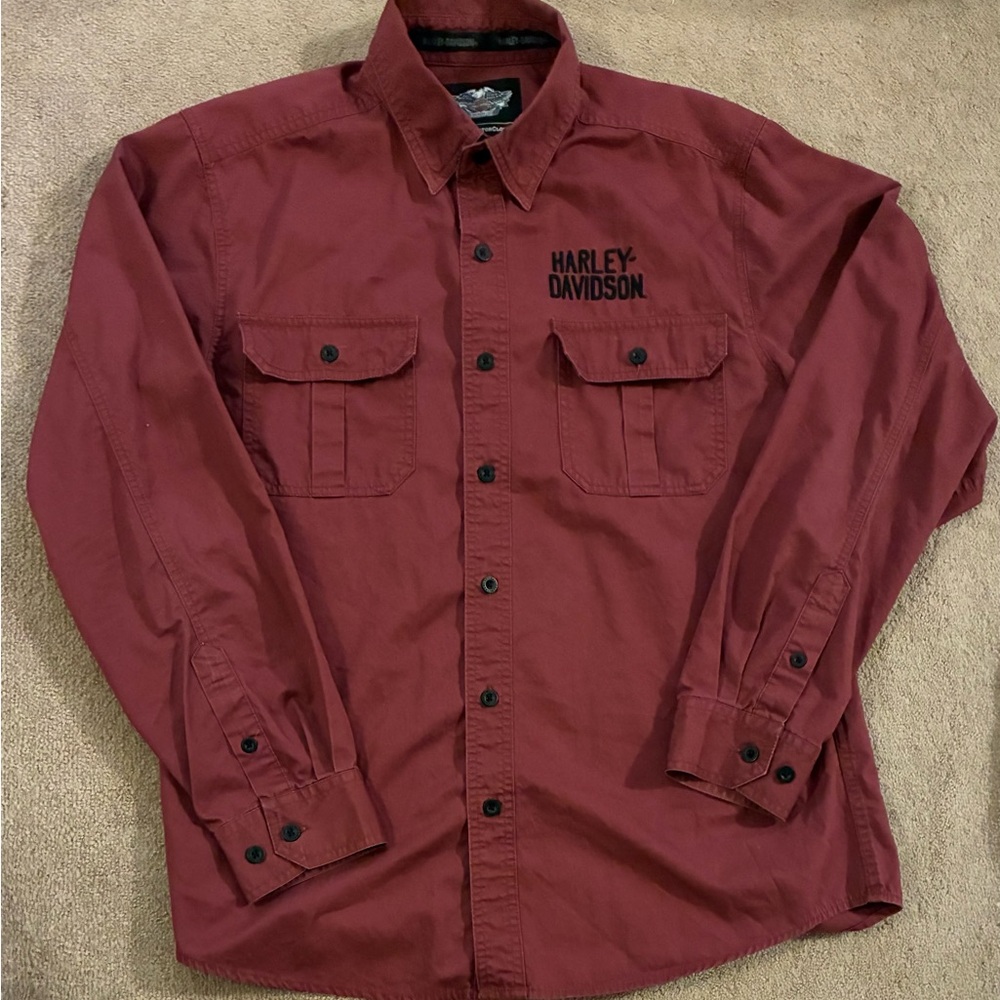 Harley-Davidson Burgundy Long Sleeve Button Up Cotton Shirt Men Size Large